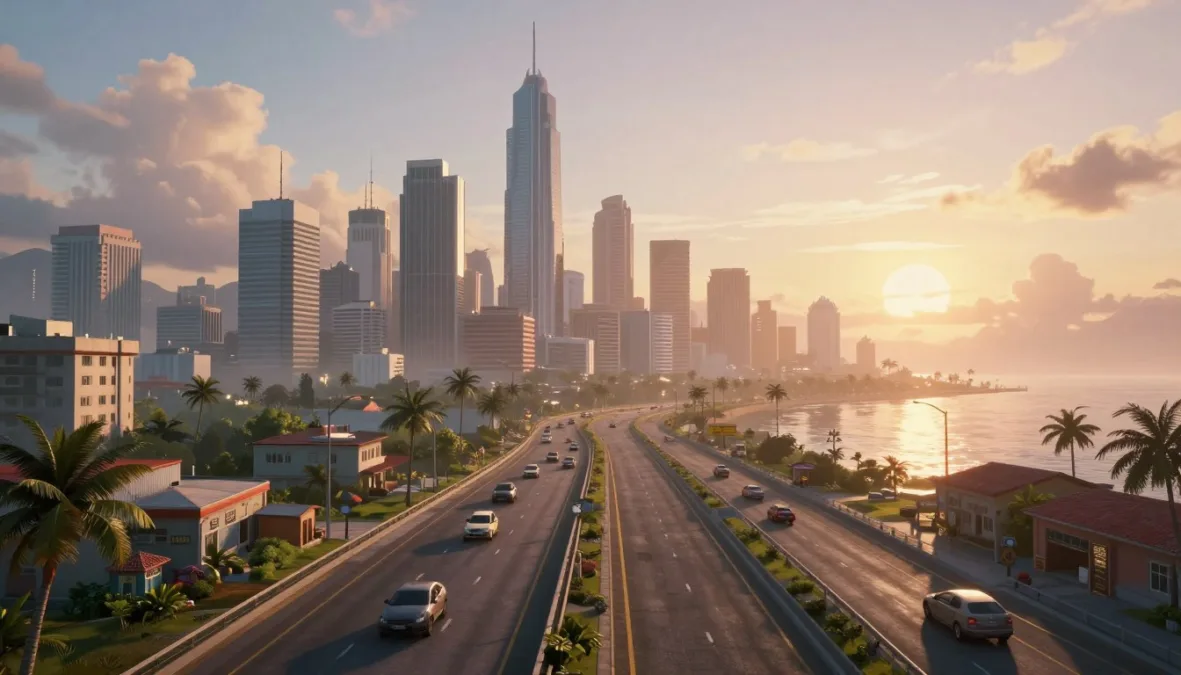 GTA 6 final feature overview with Vice City skyline at sunrise
