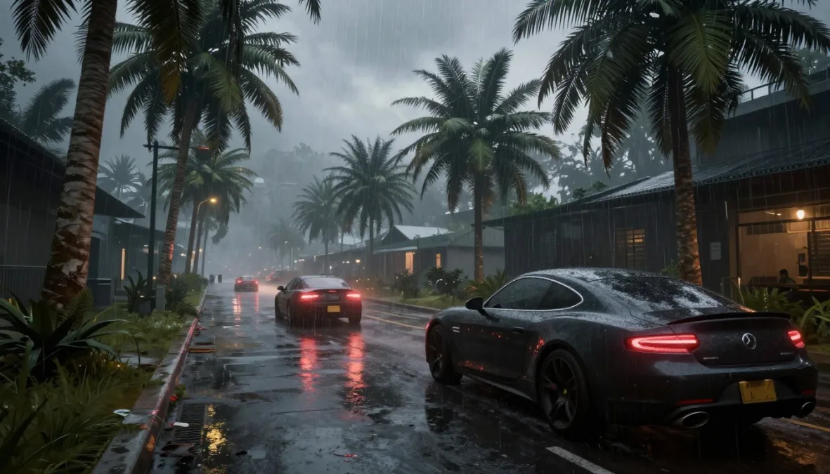 GTA 6 graphics with rain, reflections, and tropical environments