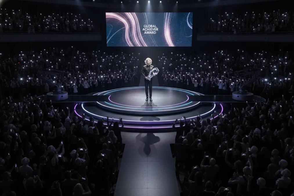 Global celebrity receiving recognition on a stage Global celebrity receiving recognition on a stage