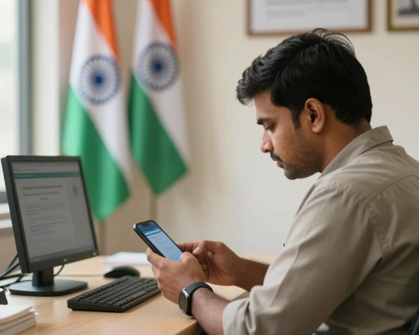 Indian citizen using a government services mobile app Indian citizen using a government services mobile app