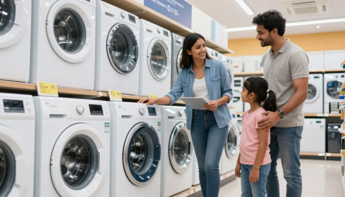 Indian family choosing a washing machine by capacity and type