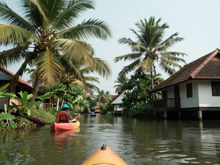 Kerala backwaters kayak near village canals