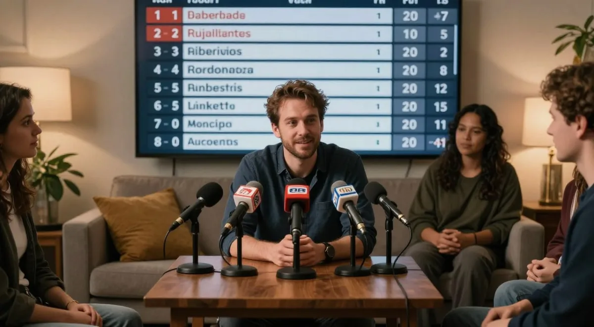 Mock fantasy football press conference with microphones and league standings