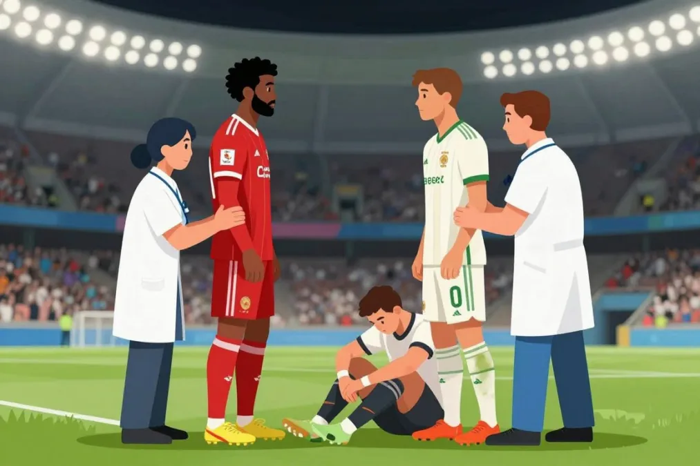 Opposing football players showing concern for an injured player