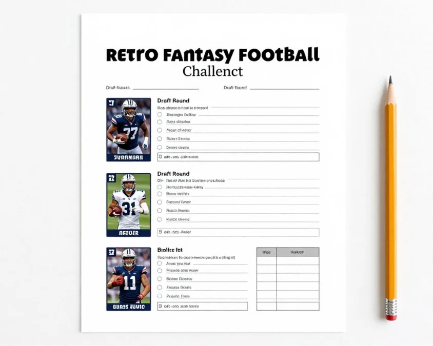 Retro fantasy football draft challenge worksheet and player cards