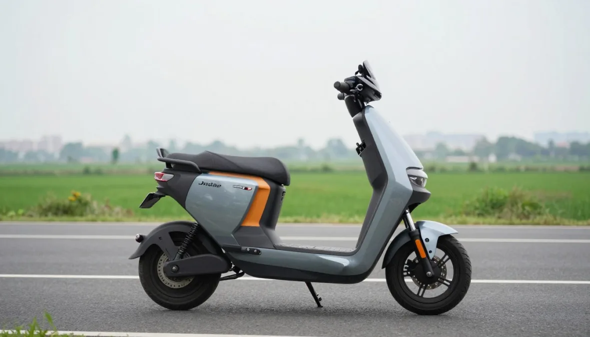 Simple One inspired long range electric scooter on an Indian highway edge