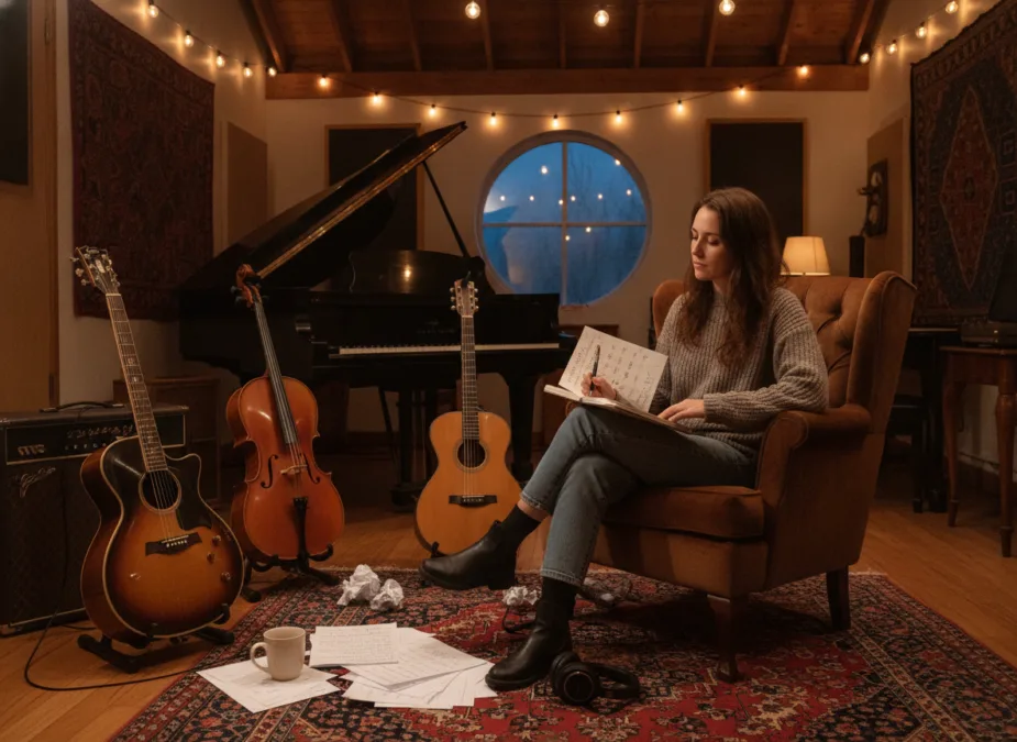 Singer writing an album in a studio Singer writing an album in a studio