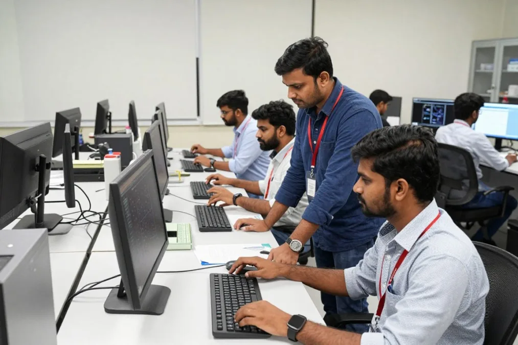 Students reviewing astronomy research data in an Indian institute
