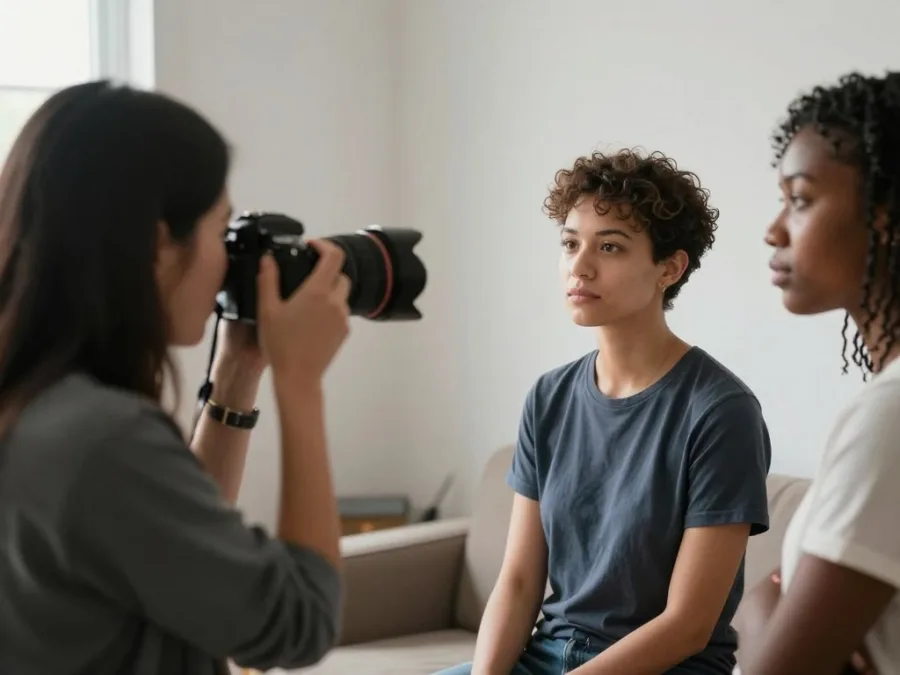 Women photographer creating a thoughtful portrait project