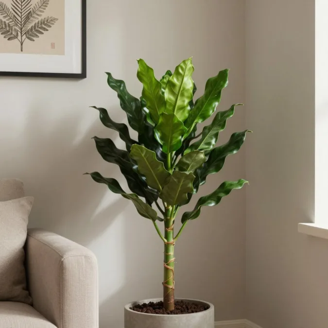ZZ plant in a shaded corner with soft room light