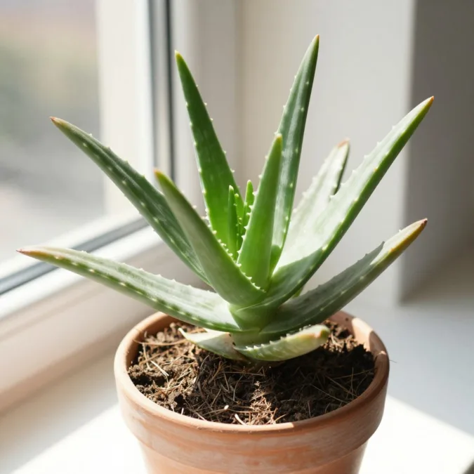 aloe vera on a sunny indoor sill with dry soil