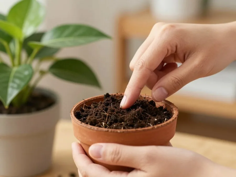 beginner checking soil moisture before watering an indoor plant