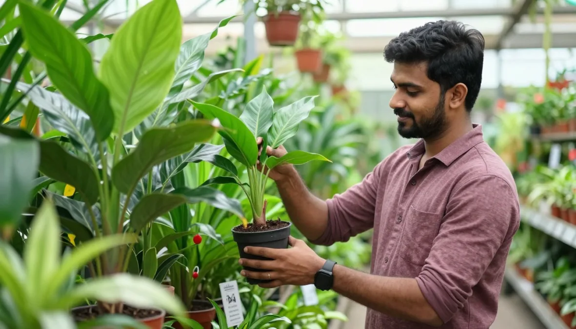 beginner choosing a healthy indoor plant at a garden centre