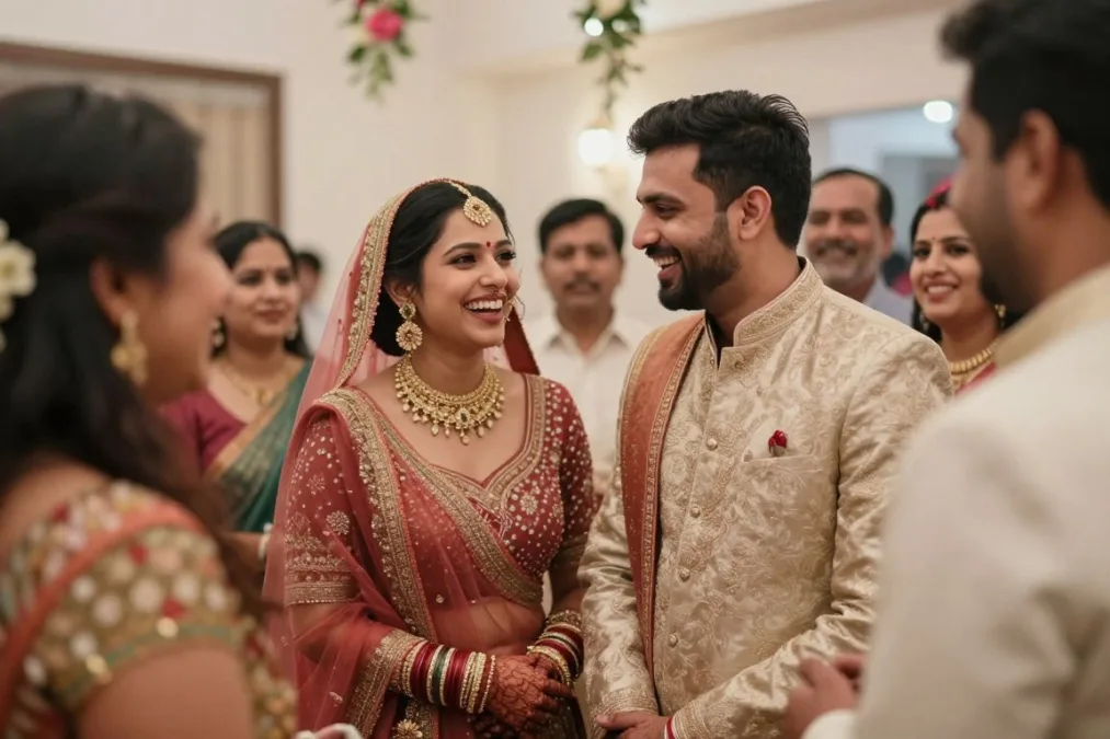 candid Indian wedding couple laughing with guests during a real wedding moment