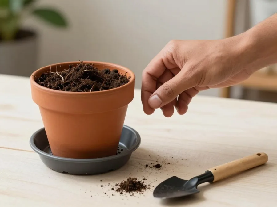 checking dry soil and drainage before watering a houseplant