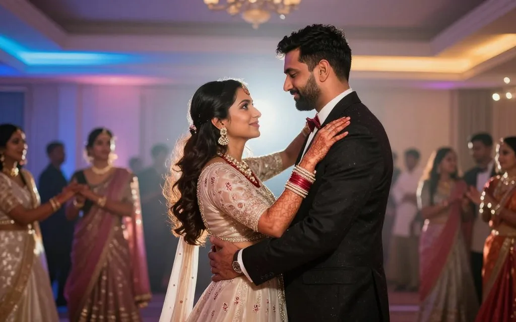 creative lighting wedding photo of couple during an Indian reception dance