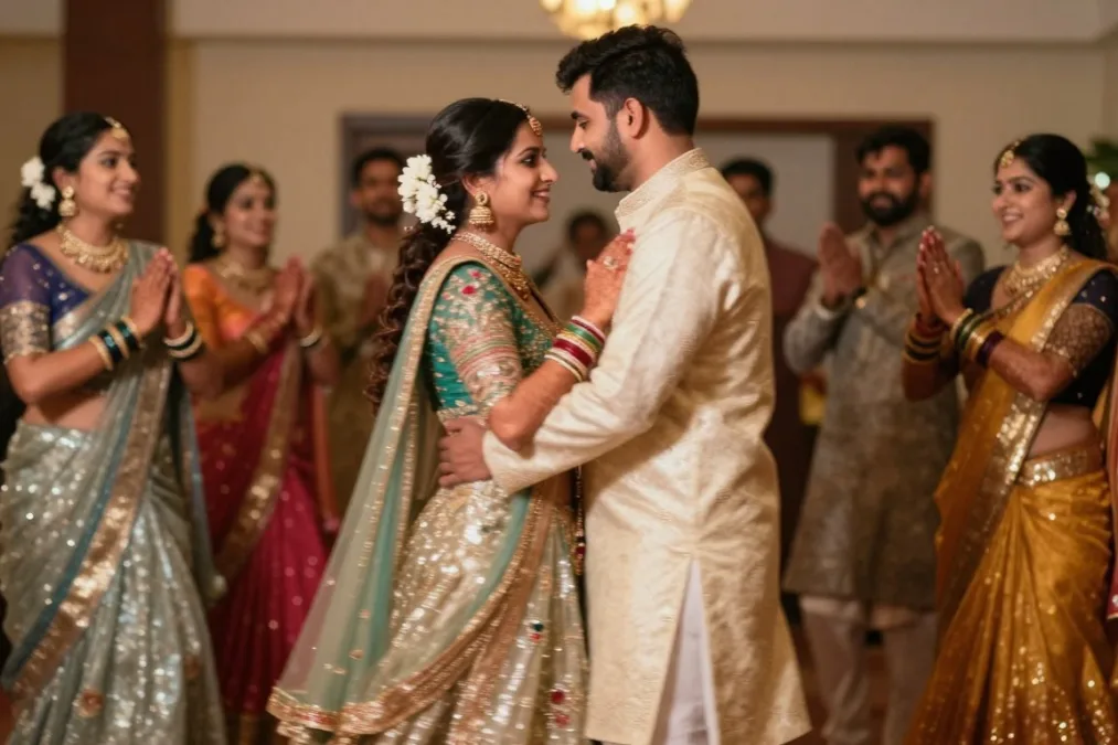 creative motion blur photo of wedding party dancing with sharp couple
