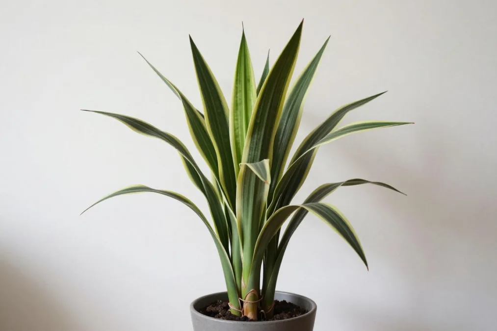 dracaena with long striped leaves in an indoor room