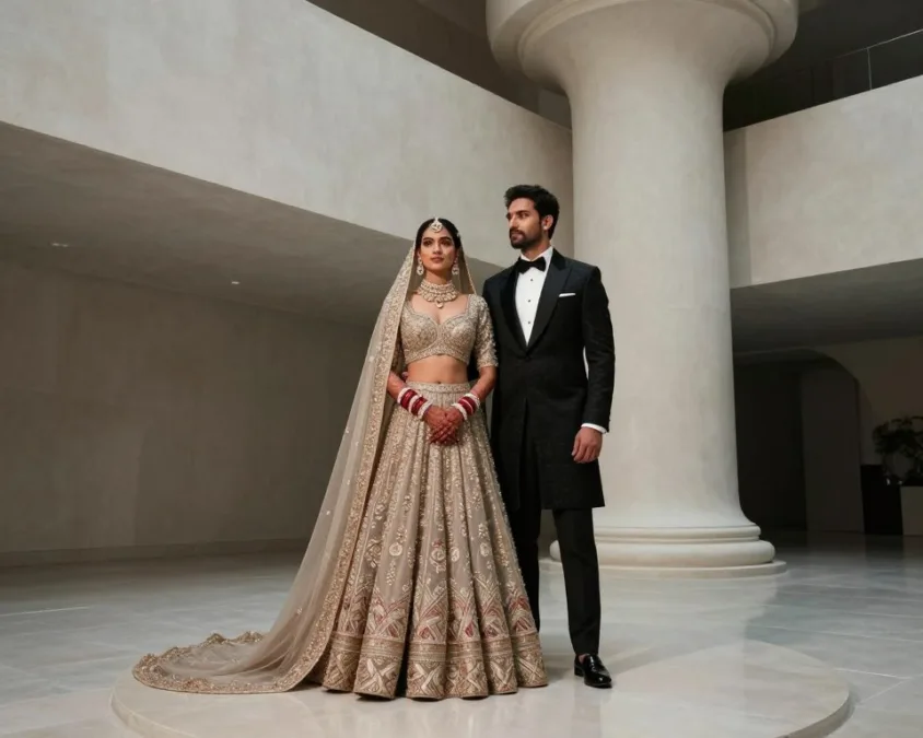 editorial wedding portrait of bride and groom in a modern Indian venue