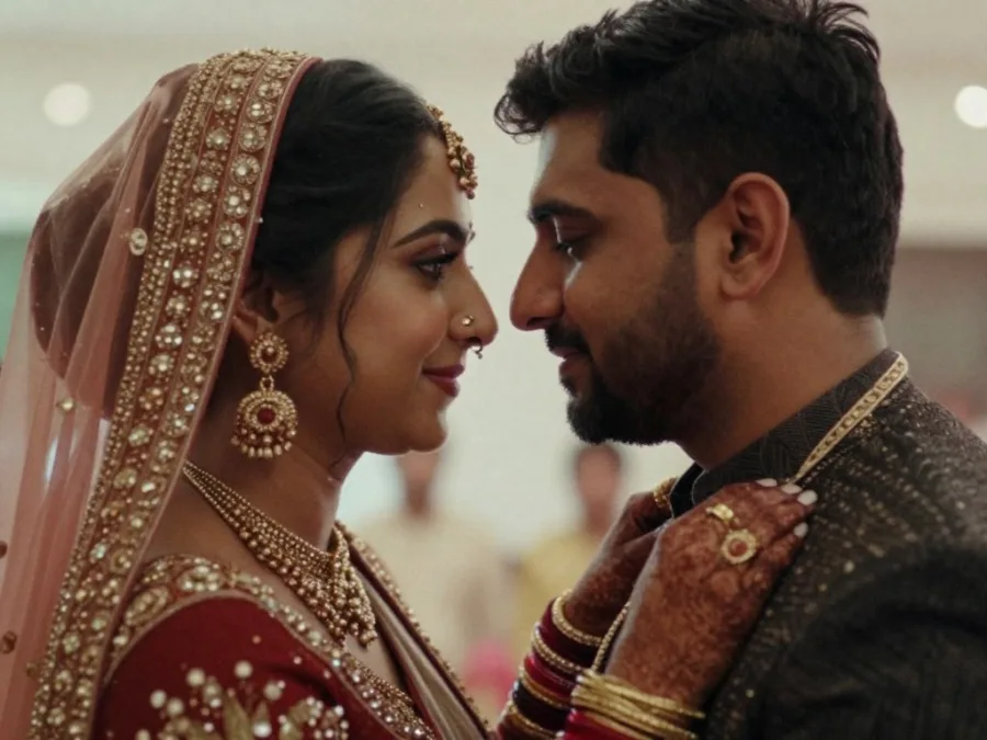 film-inspired wedding photo with soft grain and warm light at an Indian ceremony