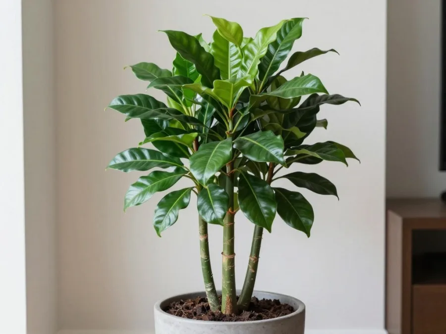 glossy ZZ plant stems in a low indoor planter