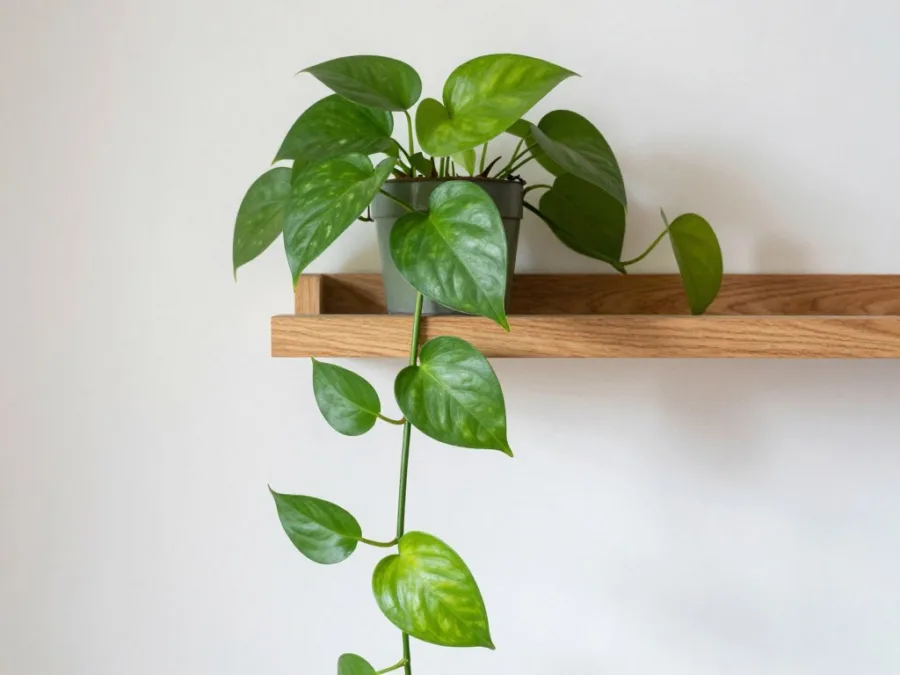 green pothos plant trailing from a shelf