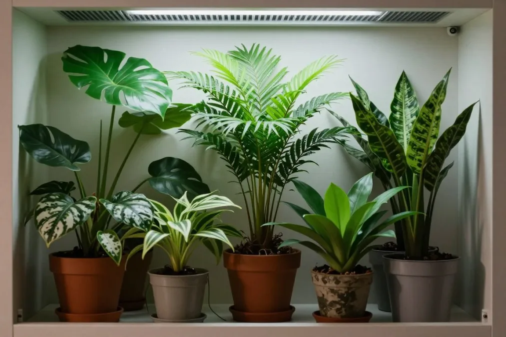 group of tropical indoor plants arranged for humidity and airflow