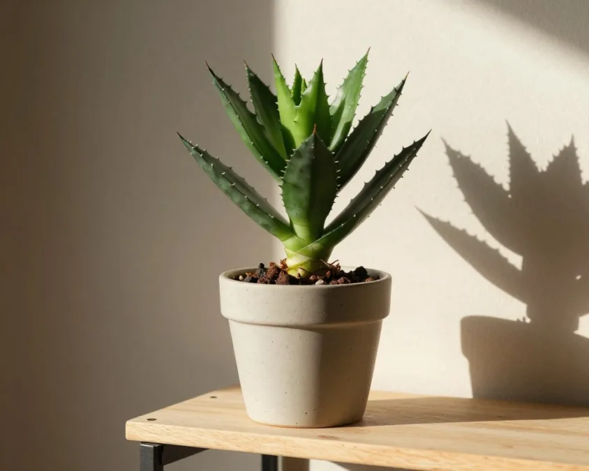 jade plant receiving bright light on a home shelf