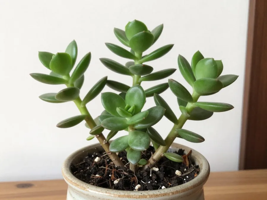 jade plant with fleshy leaves in a small indoor pot