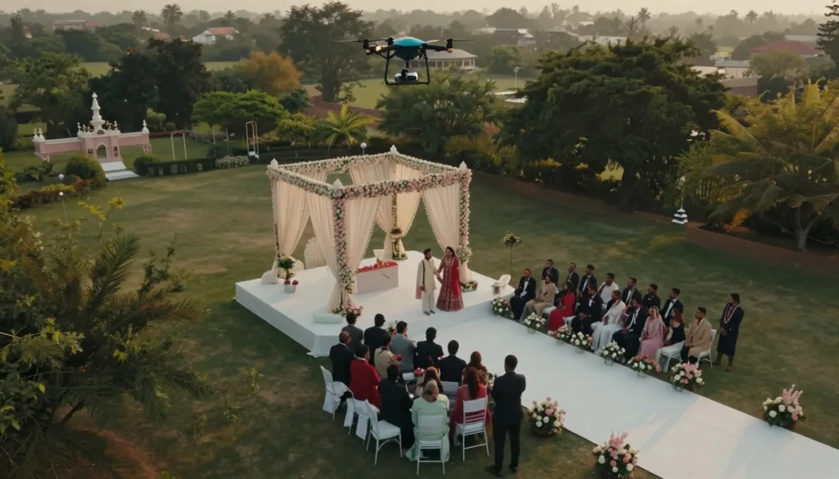 legal drone view of an outdoor Indian wedding venue with couple and guests