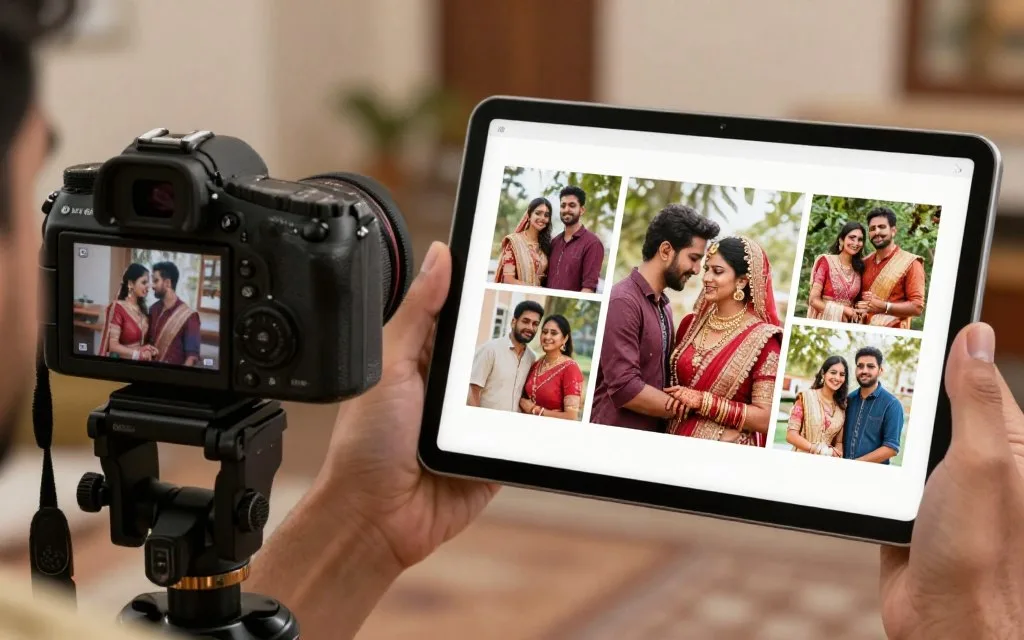 modern wedding photography technology with camera phone gallery and family at an Indian wedding