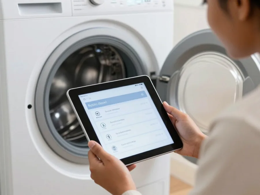person comparing washing machine specifications on a tablet