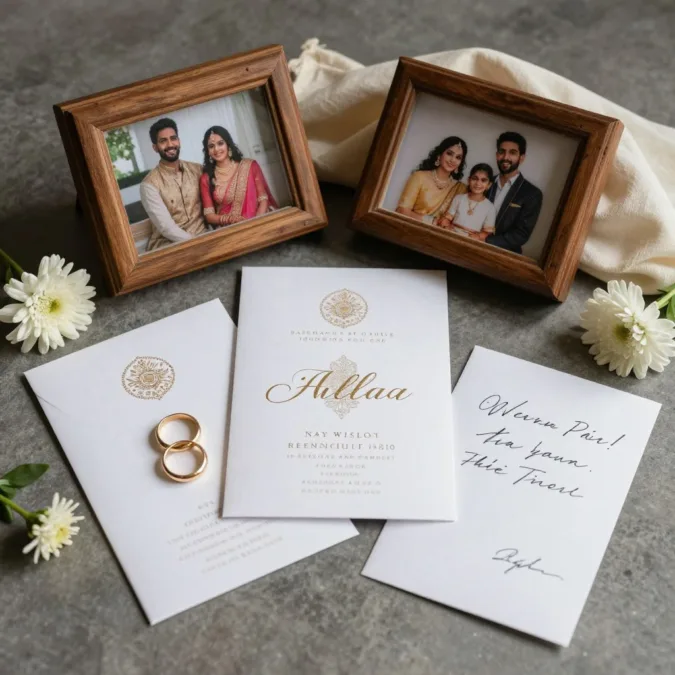 personalized wedding details with rings invitations flowers and family keepsake