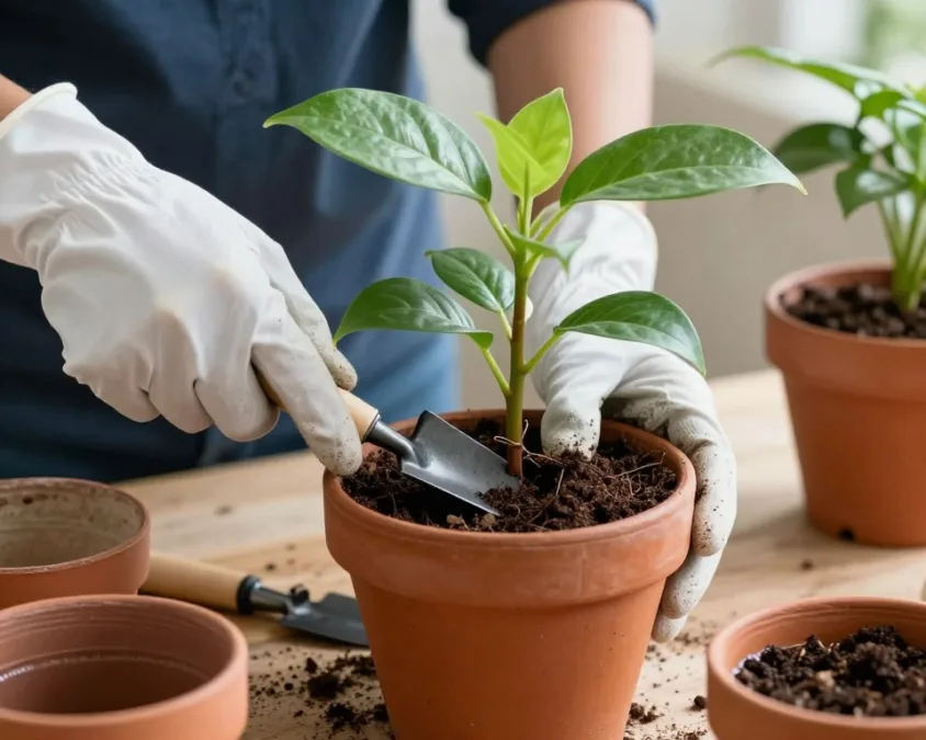repotting an indoor plant into fresh well-draining soil