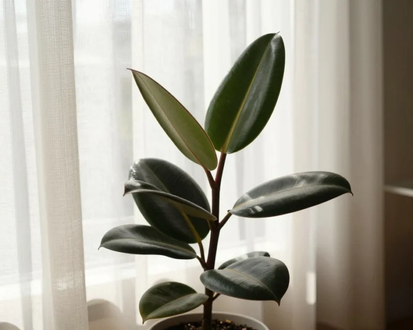 rubber plant near a bright curtain with broad leaves