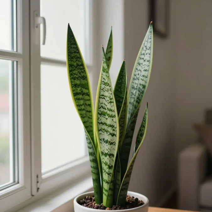 snake plant beside a window with filtered indoor light