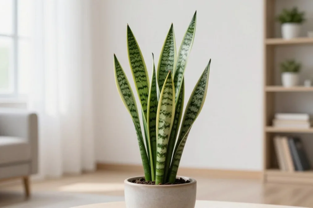 snake plant with tall striped leaves in an indoor pot