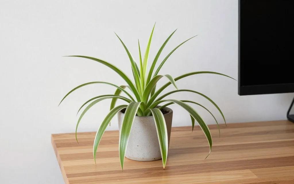 spider plant on a desk in bright indirect light