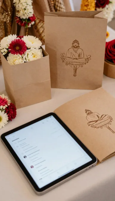 sustainable wedding photography details with reusable flowers and digital album planning