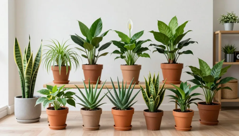 top 10 houseplants for beginners arranged in a bright indoor room
