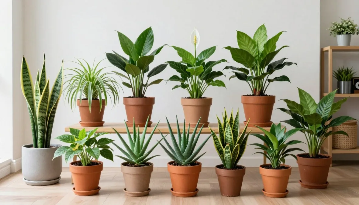 top 10 houseplants for beginners arranged in a bright indoor room