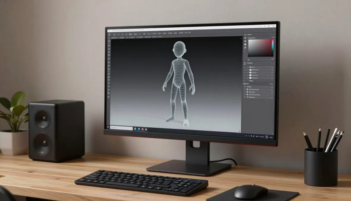 A 3D character rigging wireframe model visible on an animator workstation