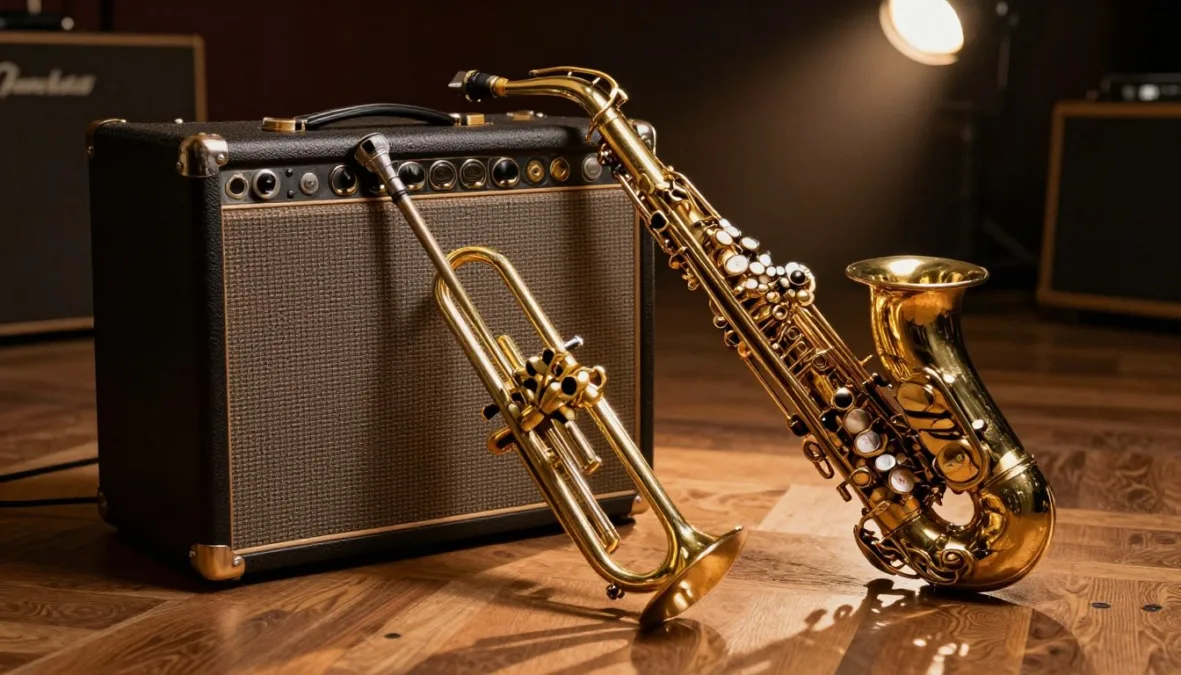 A brass saxophone and trumpet resting on a vintage amplifier in a retro hall