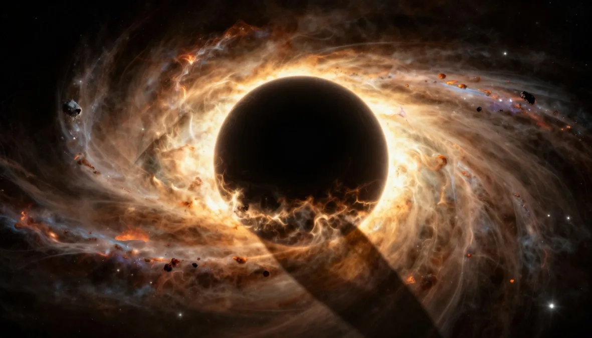 A brilliant accretion disk of superheated matter swirling around the dark silhouette of a black hole