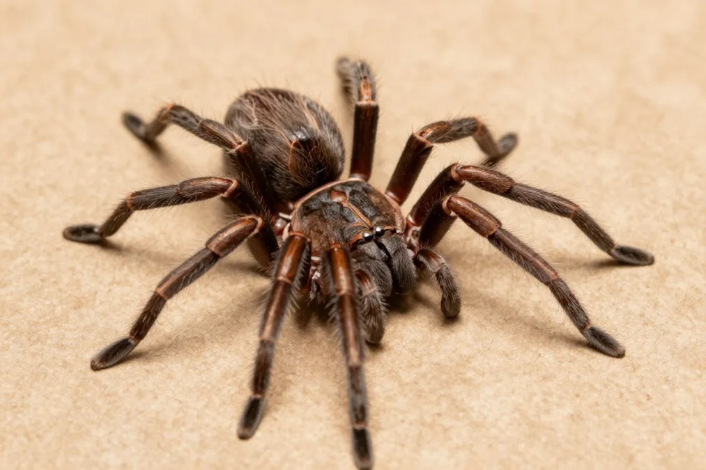 A brown recluse spider resting on untreated pine wood