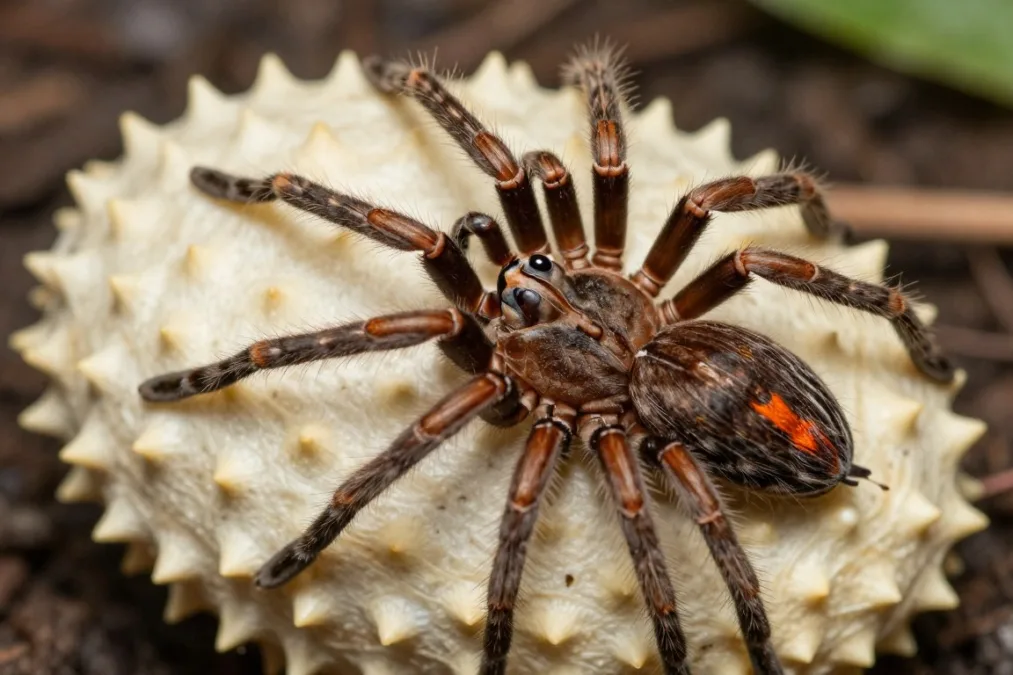 A brown widow spider beside a spiked egg sac