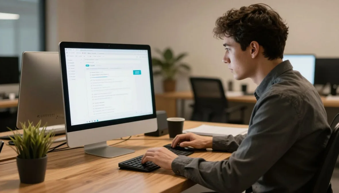 A business manager reviewing audience analytics and campaign metrics on an office monitor A business manager reviewing audience analytics and campaign metrics on an office monitor