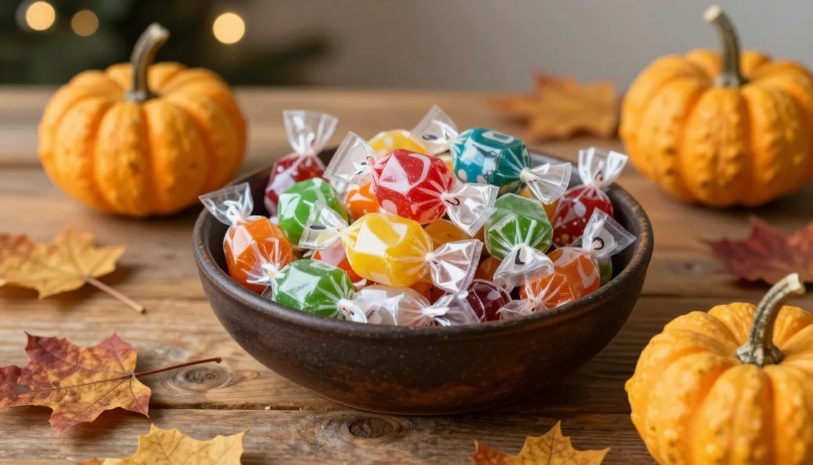 A ceramic pumpkin bowl filled with a variety of colorful wrapped candies on a wooden table