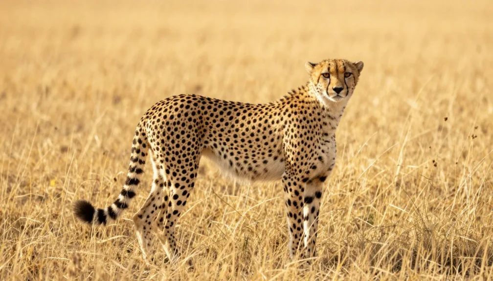 A cheetah pacing across the open grassland savannah