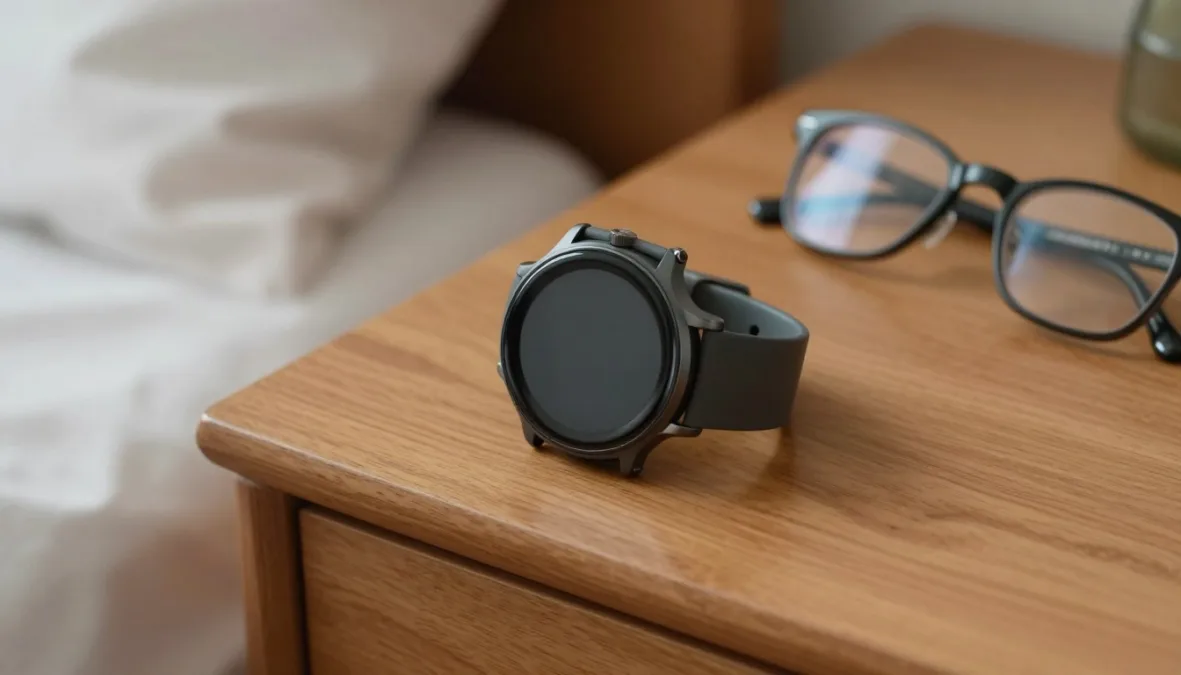 A circular digital health smartwatch resting beside a reading book on a wooden side table A circular digital health smartwatch resting beside a reading book on a wooden side table